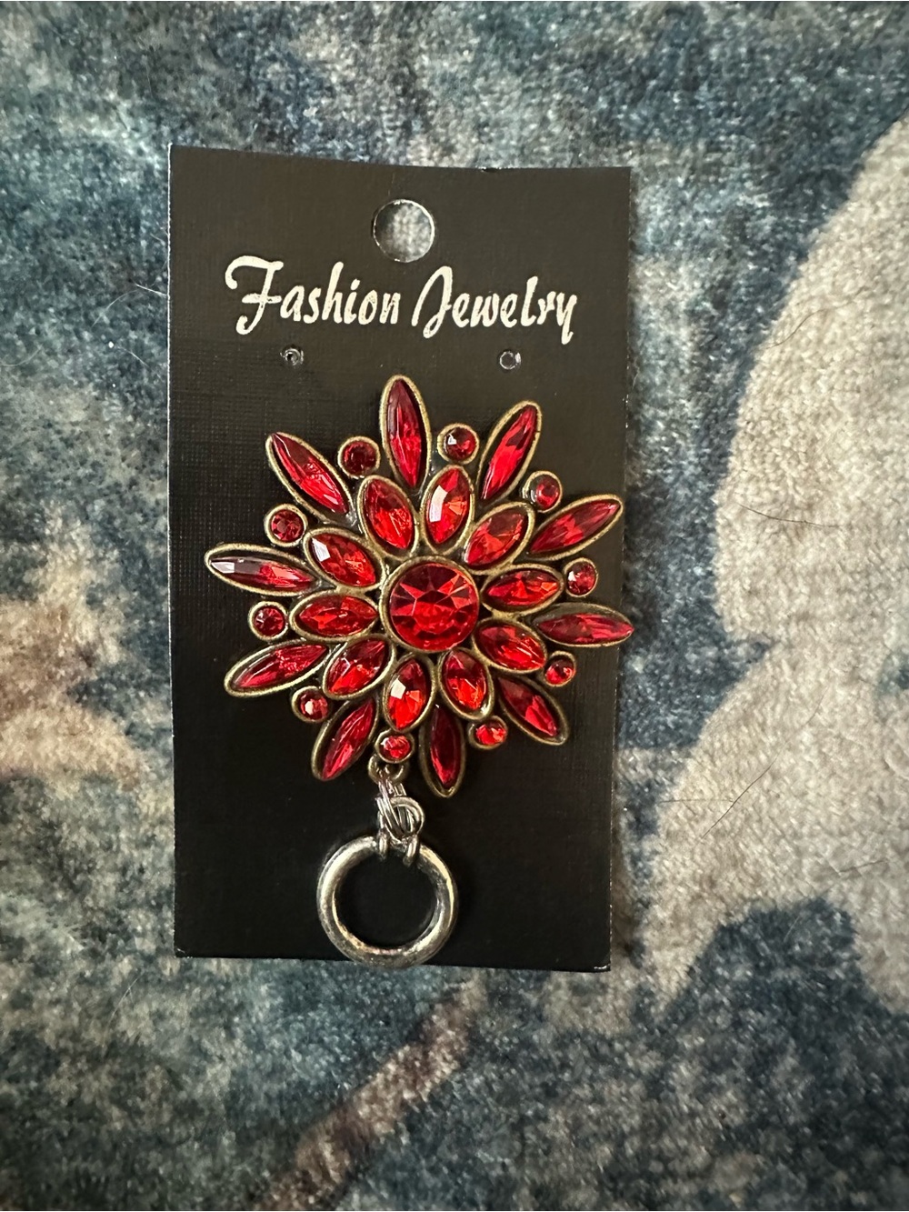 Magnetic Badge Holder Fashion Jewelry Red Crystal Flower Brooch with Ring Accent